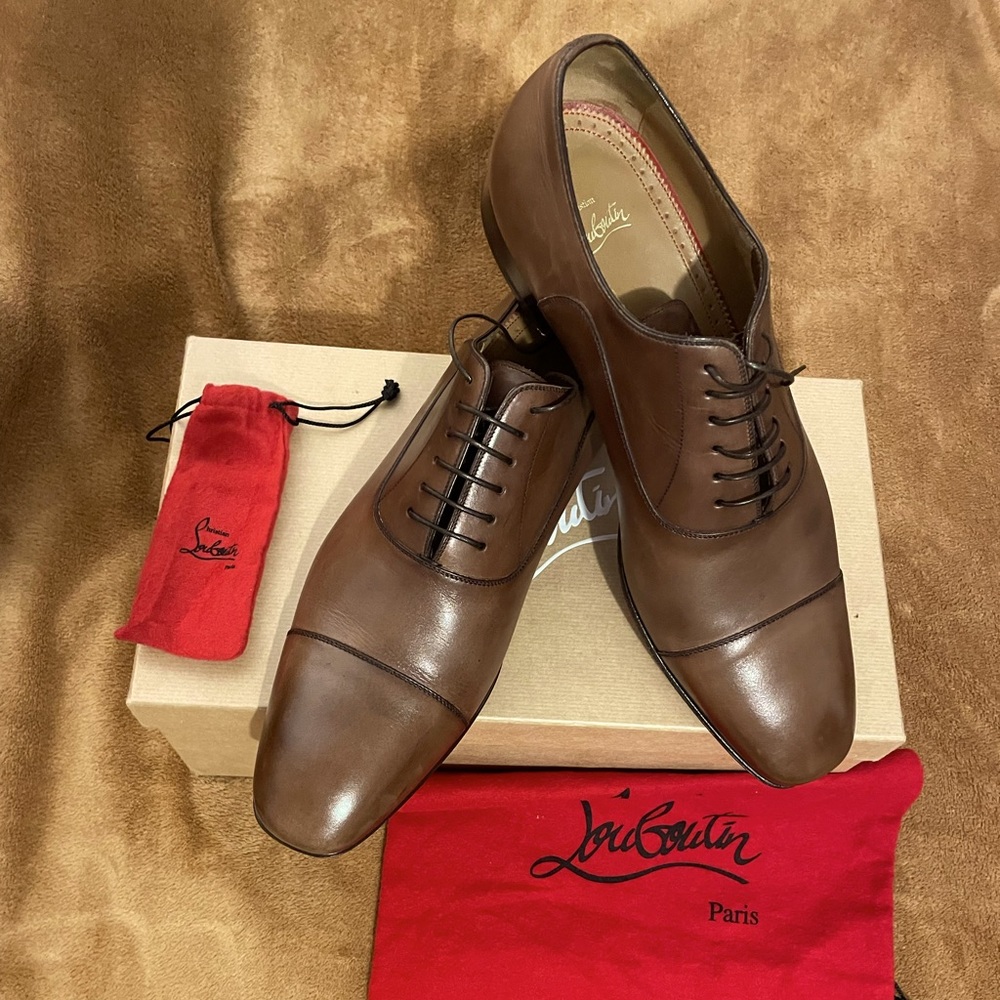 Christian Louboutin Greggo Flat Calf Patine Havane Brown Lace Up Oxford/Size 45
